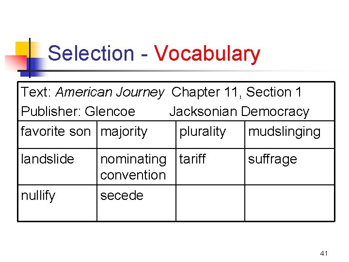 Selection - Vocabulary Text: American Journey Chapter 11, Section 1 Publisher: Glencoe Jacksonian Democracy
