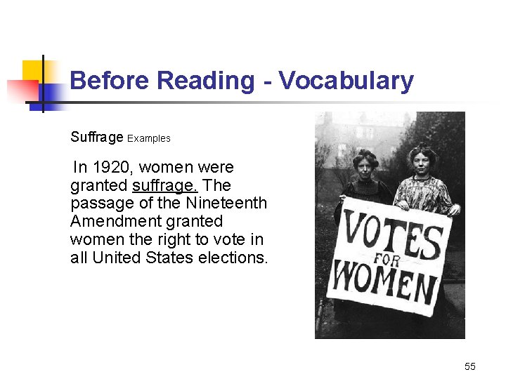 Before Reading - Vocabulary Suffrage Examples In 1920, women were granted suffrage. The passage