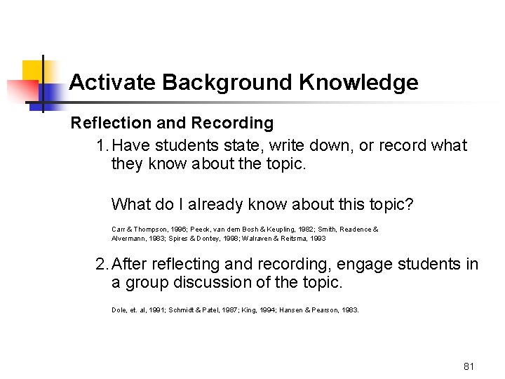 Activate Background Knowledge Reflection and Recording 1. Have students state, write down, or record