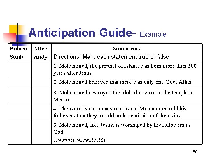 Anticipation Guide- Example Before Study After study Statements Directions: Mark each statement true or