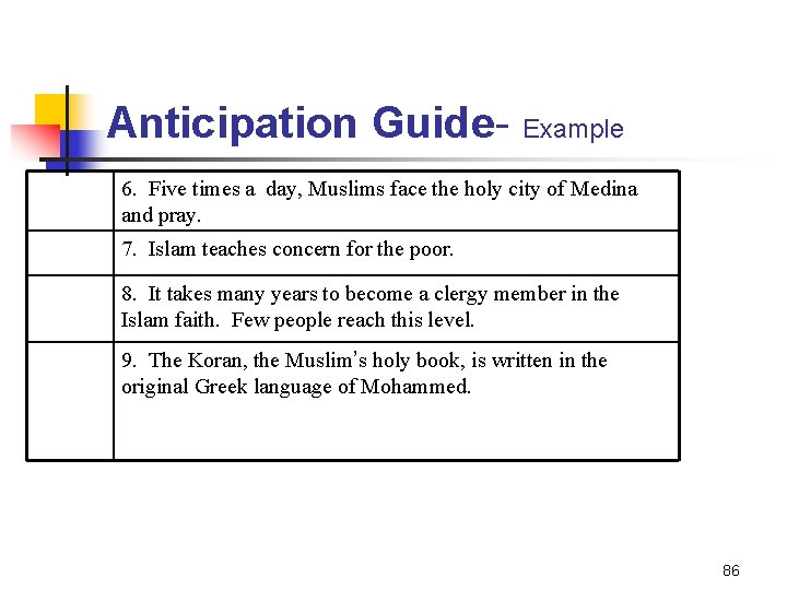 Anticipation Guide- Example 6. Five times a day, Muslims face the holy city of