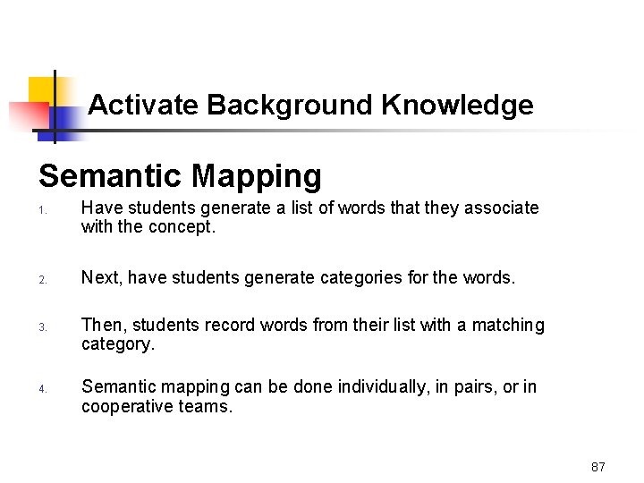 Activate Background Knowledge Semantic Mapping 1. 2. 3. 4. Have students generate a list