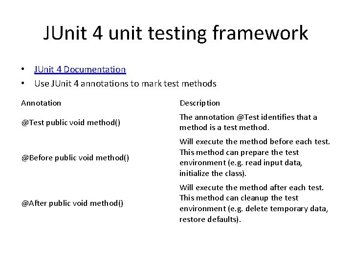 JUnit 4 unit testing framework • JUnit 4 Documentation • Use JUnit 4 annotations