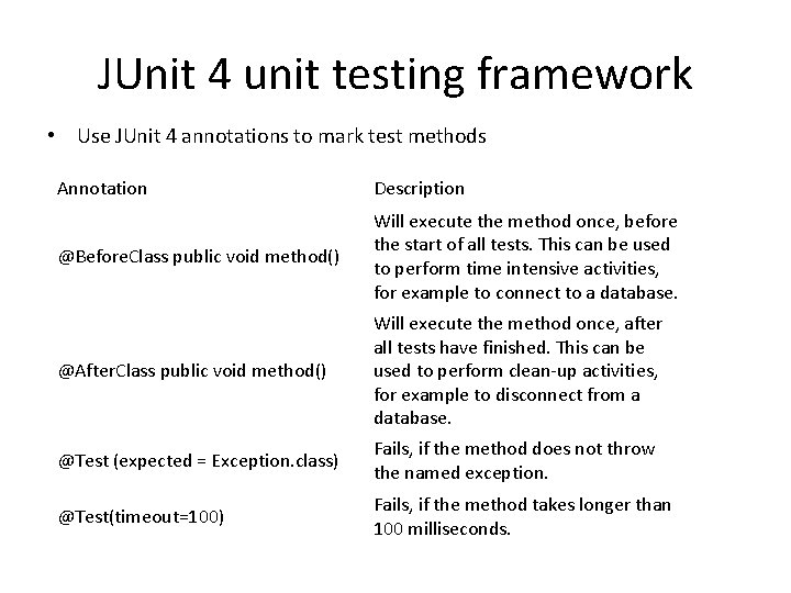 JUnit 4 unit testing framework • Use JUnit 4 annotations to mark test methods