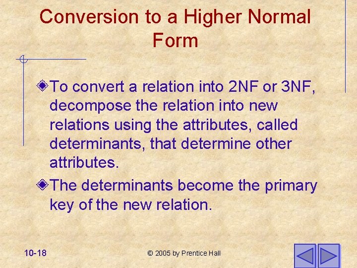 Conversion to a Higher Normal Form To convert a relation into 2 NF or