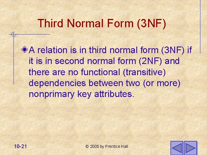 Third Normal Form (3 NF) A relation is in third normal form (3 NF)