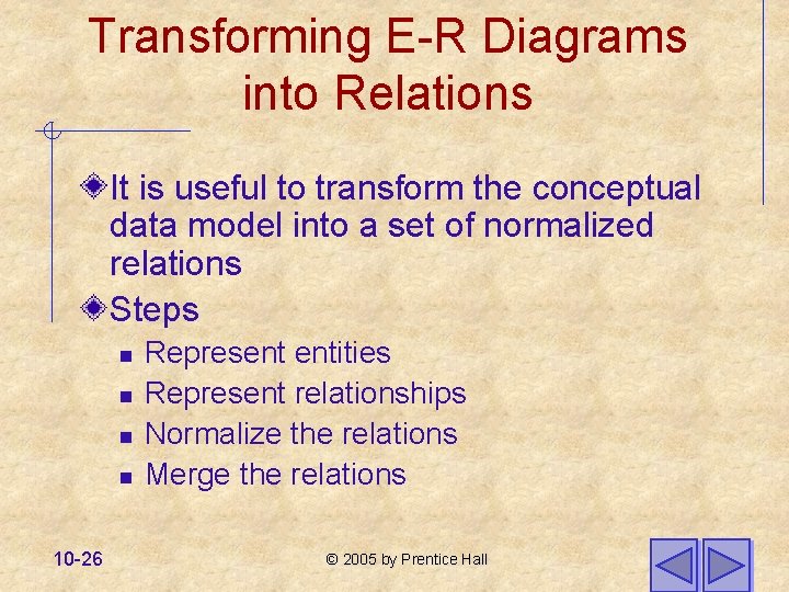 Transforming E-R Diagrams into Relations It is useful to transform the conceptual data model