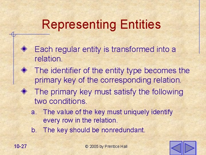 Representing Entities Each regular entity is transformed into a relation. The identifier of the