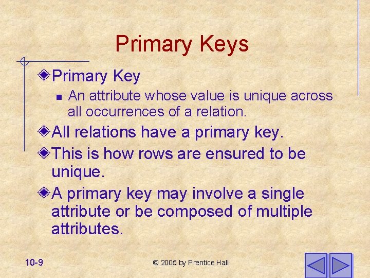 Primary Keys Primary Key n An attribute whose value is unique across all occurrences