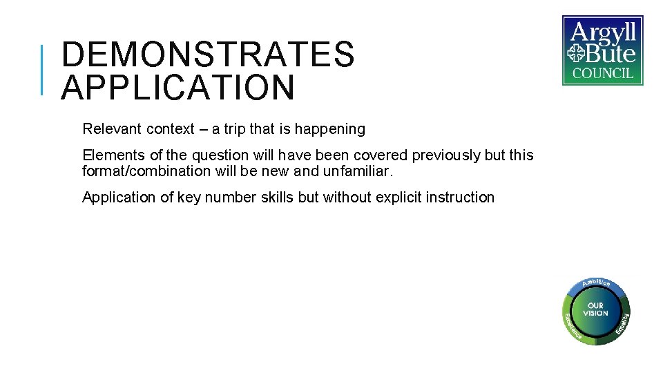 DEMONSTRATES APPLICATION Relevant context – a trip that is happening Elements of the question