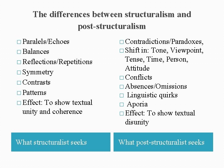 The differences between structuralism and post-structuralism � Paralels/Echoes � Contradictions/Paradoxes, � Balances � Shift