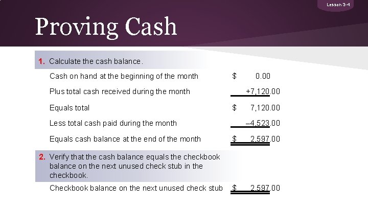 Lesson 3 -4 Proving Cash 1. Calculate the cash balance. Cash on hand at