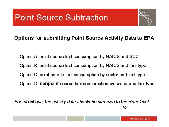 Point Source Subtraction Options for submitting Point Source Activity Data to EPA: – Option