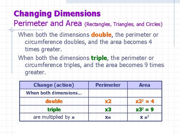 Changing Dimensions Perimeter and Area (Rectangles, Triangles, and Circles) When both the dimensions double,