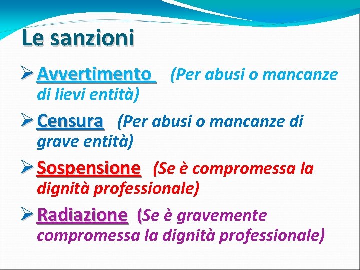 Le sanzioni Ø Avvertimento (Per abusi o mancanze di lievi entità) Ø Censura (Per