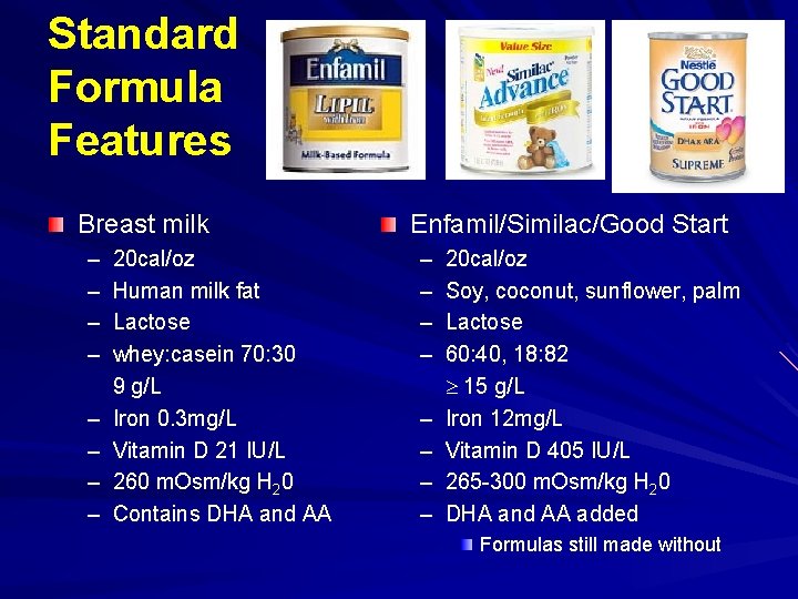 Standard Formula Features Breast milk – – – – 20 cal/oz Human milk fat