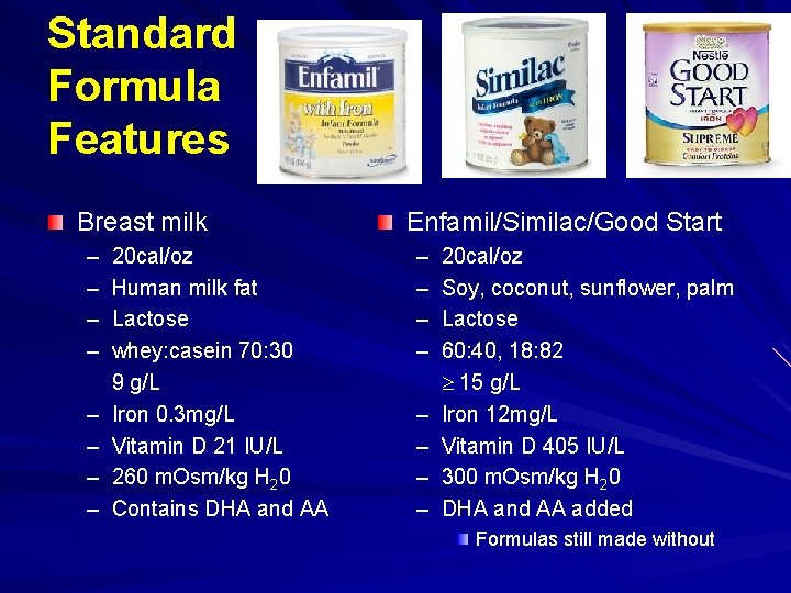 Standard Formula Features Breast milk – – – – 20 cal/oz Human milk fat