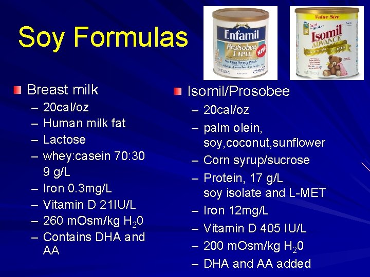 Soy Formulas Breast milk – – – – 20 cal/oz Human milk fat Lactose