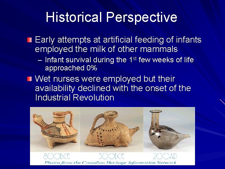 Historical Perspective Early attempts at artificial feeding of infants employed the milk of other