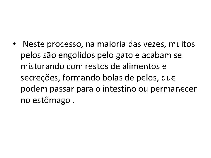  • Neste processo, na maioria das vezes, muitos pelos são engolidos pelo gato