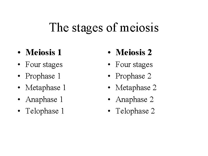 The stages of meiosis • Meiosis 1 • Meiosis 2 • • • Four