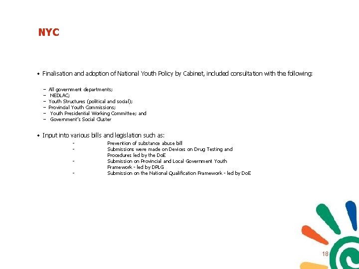 NYC • Finalisation and adoption of National Youth Policy by Cabinet, included consultation with NYC • Finalisation and adoption of National Youth Policy by Cabinet, included consultation with