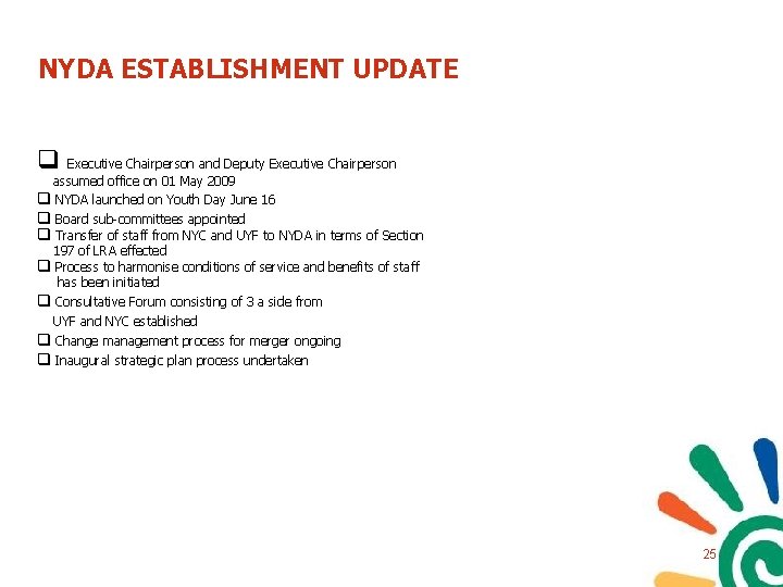 NYDA ESTABLISHMENT UPDATE q Executive Chairperson and Deputy Executive Chairperson assumed office on 01 NYDA ESTABLISHMENT UPDATE q Executive Chairperson and Deputy Executive Chairperson assumed office on 01