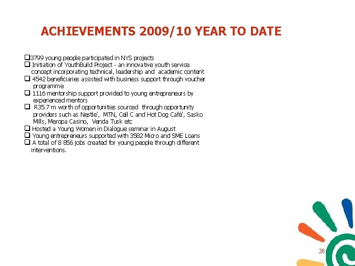 ACHIEVEMENTS 2009/10 YEAR TO DATE q 3799 young people participated in NYS projects q ACHIEVEMENTS 2009/10 YEAR TO DATE q 3799 young people participated in NYS projects q