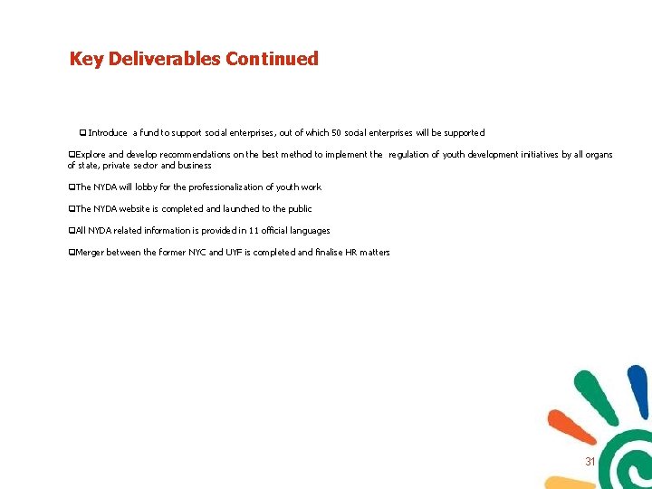 Key Deliverables Continued q Introduce a fund to support social enterprises, out of which Key Deliverables Continued q Introduce a fund to support social enterprises, out of which