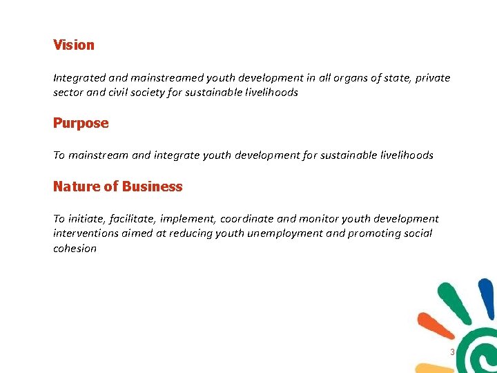 Vision Integrated and mainstreamed youth development in all organs of state, private sector and Vision Integrated and mainstreamed youth development in all organs of state, private sector and
