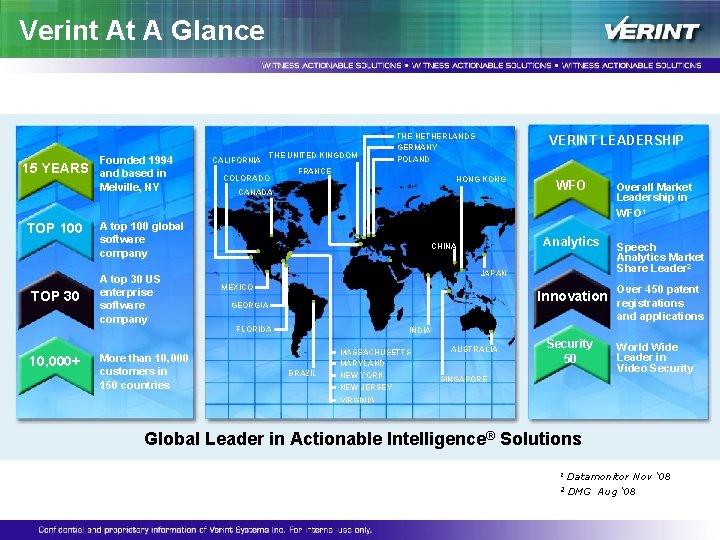 Verint At A Glance 15 YEARS TOP 100 TOP 30 10, 000+ Founded 1994 Verint At A Glance 15 YEARS TOP 100 TOP 30 10, 000+ Founded 1994