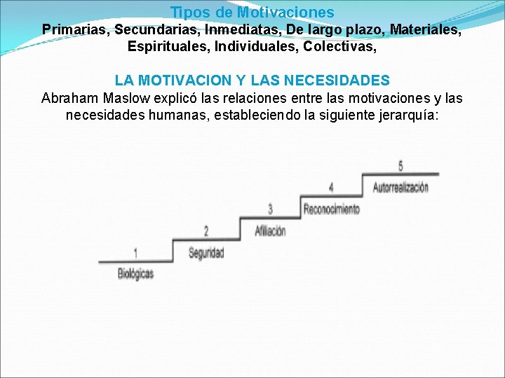 Tipos de Motivaciones Primarias, Secundarias, Inmediatas, De largo plazo, Materiales, Espirituales, Individuales, Colectivas, LA