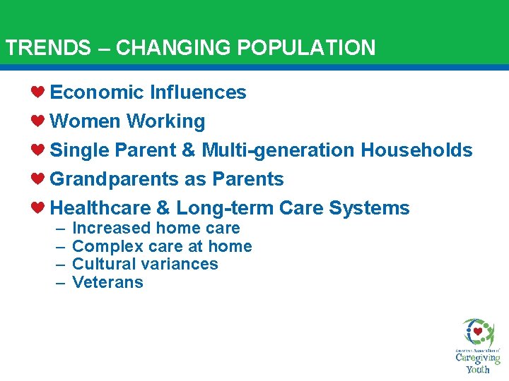 TRENDS – CHANGING POPULATION Economic Influences Women Working Single Parent & Multi-generation Households Grandparents