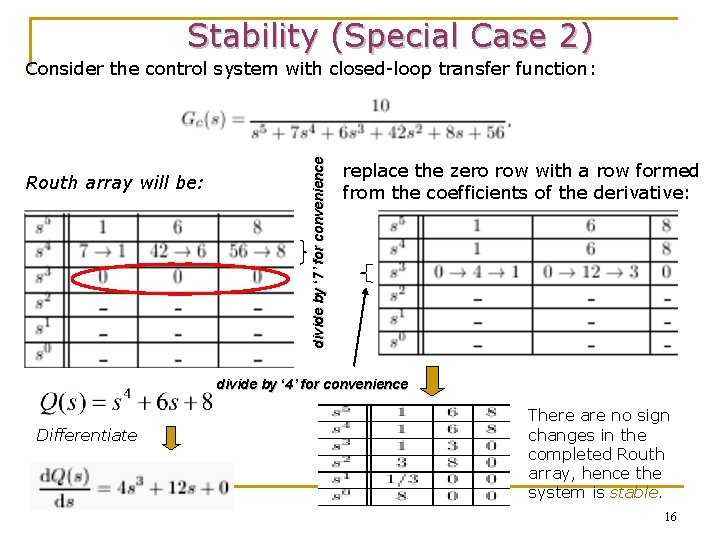 Stability (Special Case 2) Routh array will be: divide by ‘ 7’ for convenience
