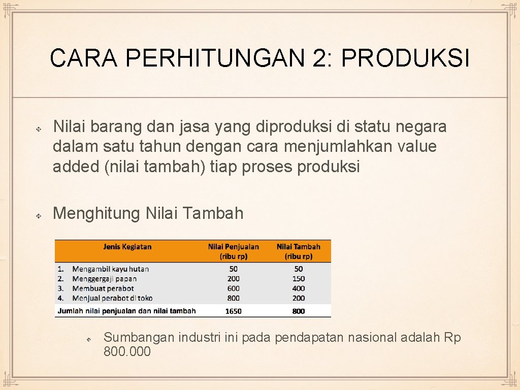 CARA PERHITUNGAN 2: PRODUKSI Nilai barang dan jasa yang diproduksi di statu negara dalam