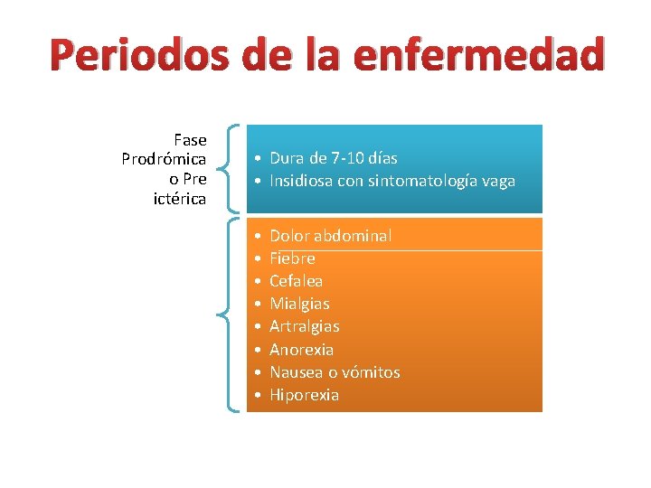 Periodos de la enfermedad Fase Prodrómica o Pre ictérica • Dura de 7 -10