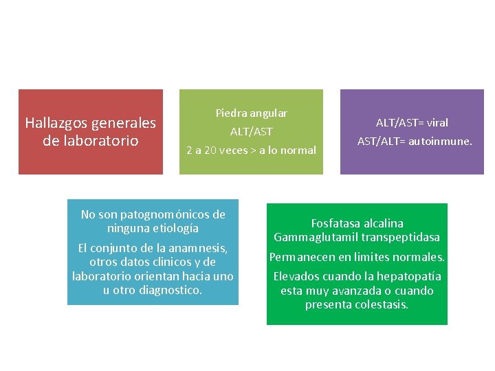 Hallazgos generales de laboratorio Piedra angular ALT/AST 2 a 20 veces > a lo