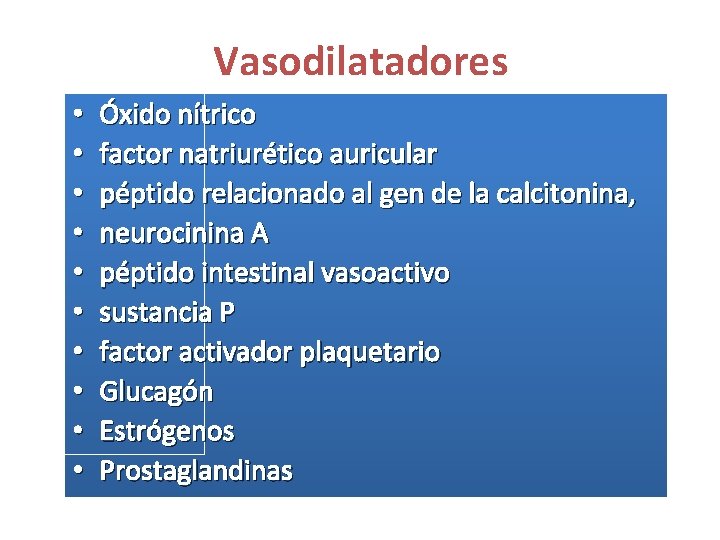 Vasodilatadores • • • Óxido nítrico factor natriurético auricular péptido relacionado al gen de