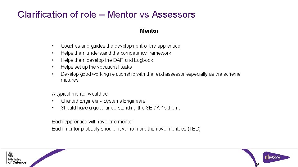 Clarification of role – Mentor vs Assessors Mentor • • • Coaches and guides