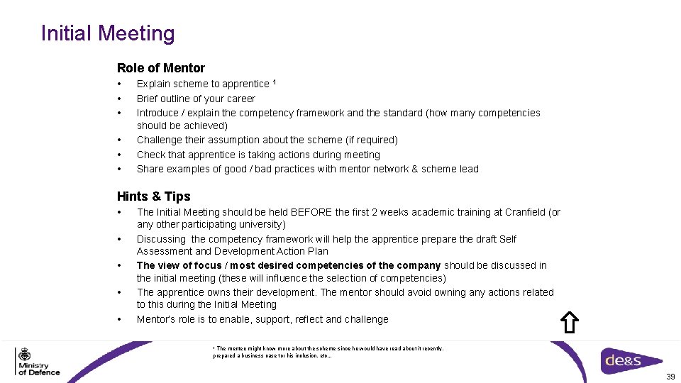 Initial Meeting Role of Mentor • • • Explain scheme to apprentice 1 Brief