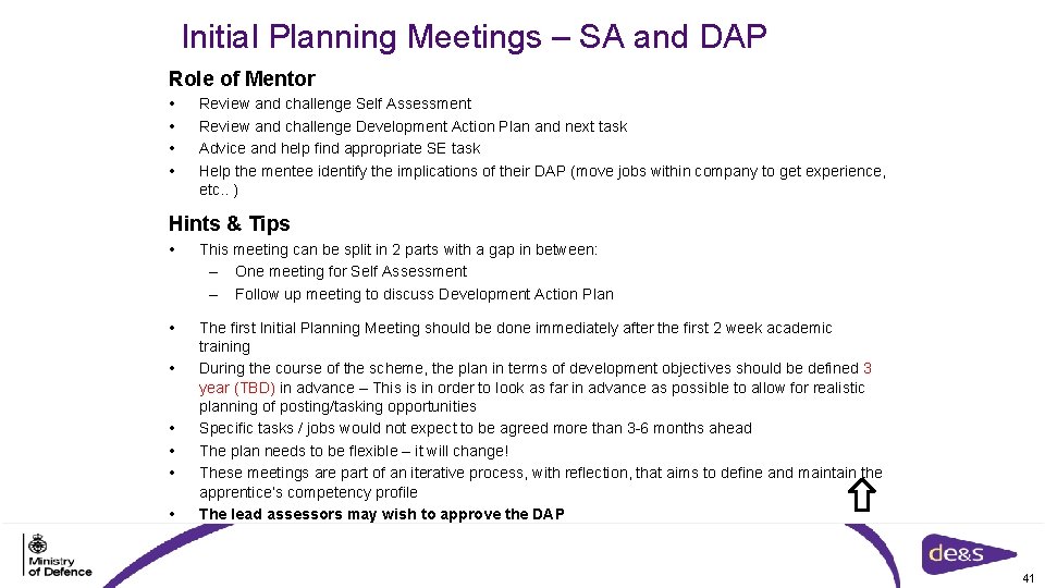 Initial Planning Meetings – SA and DAP Role of Mentor • • Review and