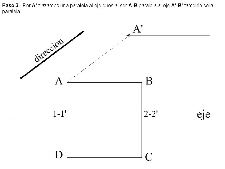 Paso 3. - Por A’ trazamos una paralela al eje pues al ser A-B