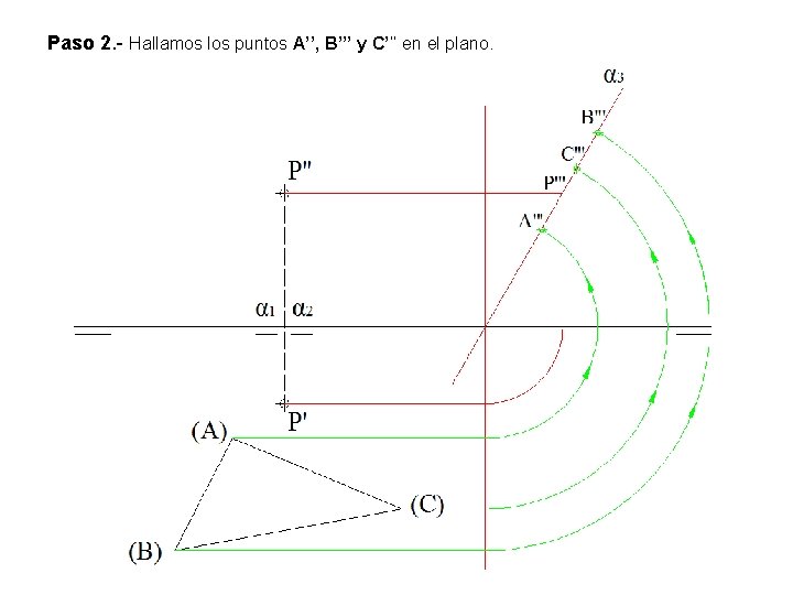 Paso 2. - Hallamos los puntos A’’, B’’’ y C’’’ en el plano. 