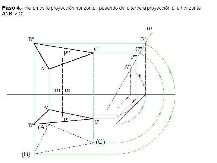 Paso 4. - Hallamos la proyección horizontal pasando de la tercera proyección a la