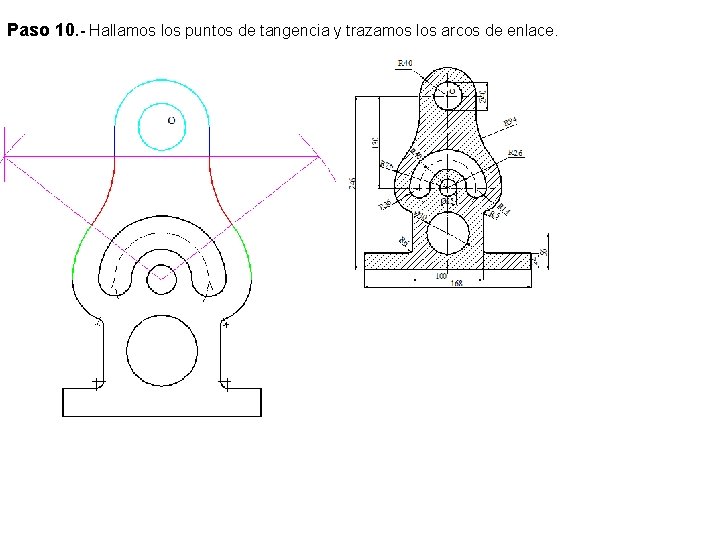 Paso 10. - Hallamos los puntos de tangencia y trazamos los arcos de enlace.