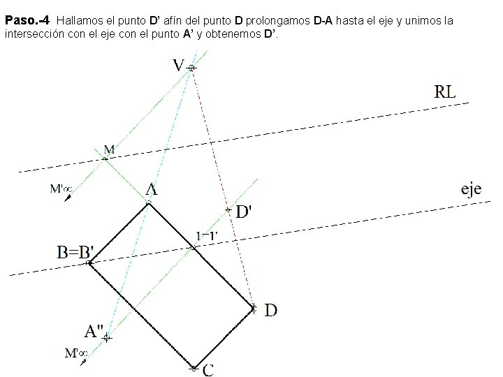 Paso. -4 Hallamos el punto D’ afín del punto D prolongamos D-A hasta el