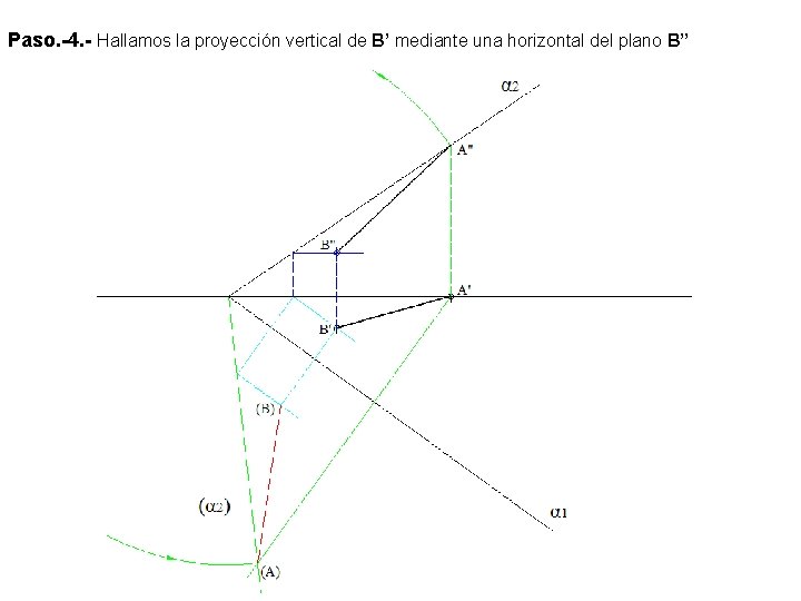 Paso. -4. - Hallamos la proyección vertical de B’ mediante una horizontal del plano