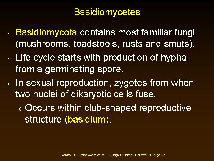 Basidiomycetes • • • Basidiomycota contains most familiar fungi (mushrooms, toadstools, rusts and smuts). Basidiomycetes • • • Basidiomycota contains most familiar fungi (mushrooms, toadstools, rusts and smuts).