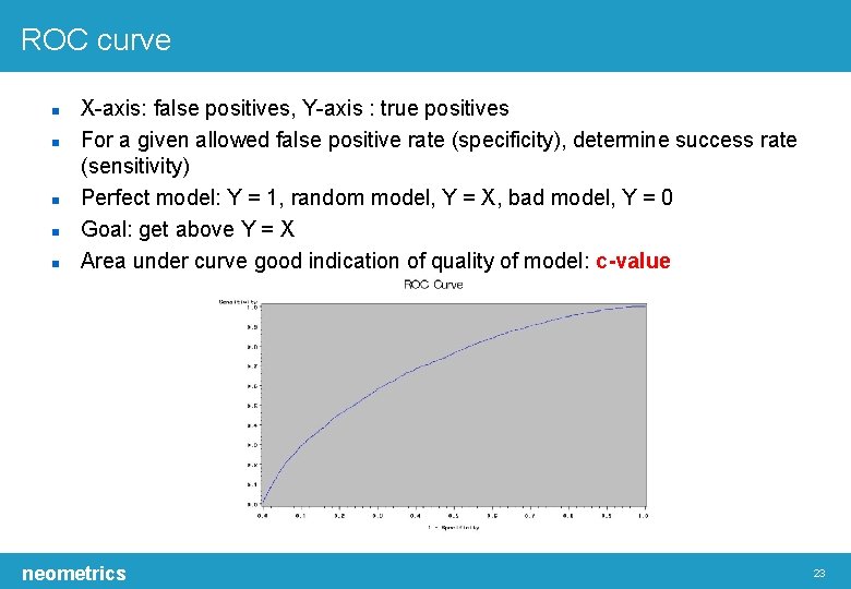 ROC curve X-axis: false positives, Y-axis : true positives For a given allowed false