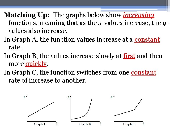 Matching Up: The graphs below show increasing functions, meaning that as the x-values increase,